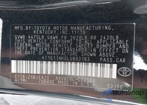 2020 Toyota Camry Se из США, поврежденный, VIN 4T1G11AK0LU893183